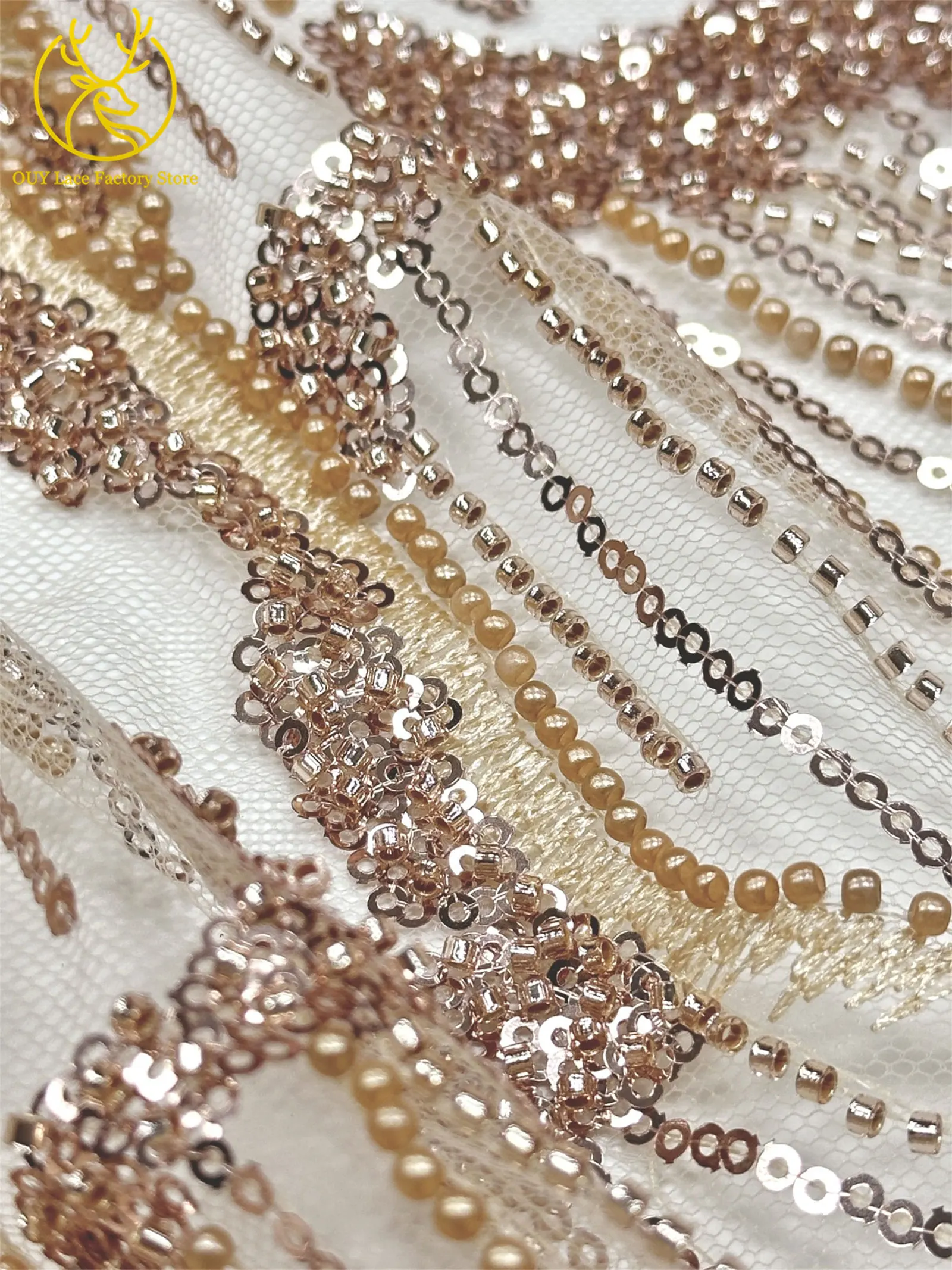 Afrikanischer Brautkleid-Spitzenstoff mit Stickerei und Perlen, französischer Netzspitzenstoff, nigerianischer Tüllspitzenstoff für Hochzeitskleider und Partykleider zum Nähen – Detail 8