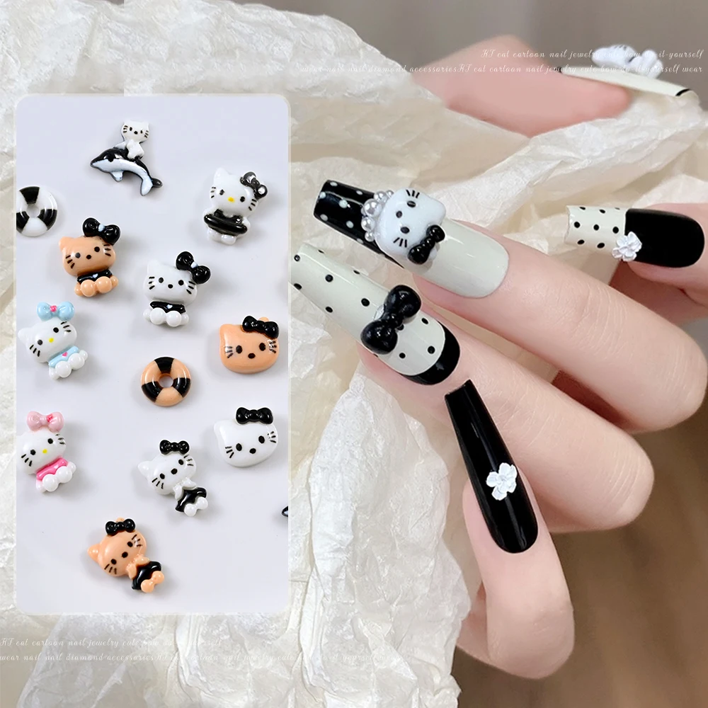 10pcs Blue/pink/black Hello Kitty Nail Decorations Swimming Ring Dolphin Cartoon Resin Nail Charms DIY Phone Cases Handmade Deco