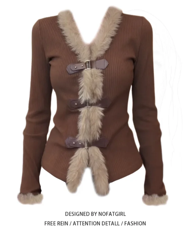 

plus Size Knitted Slim Fit Cardigan with Fur Collar American Sle Sexy Girl Spring Autumn New Design Women's Sweater