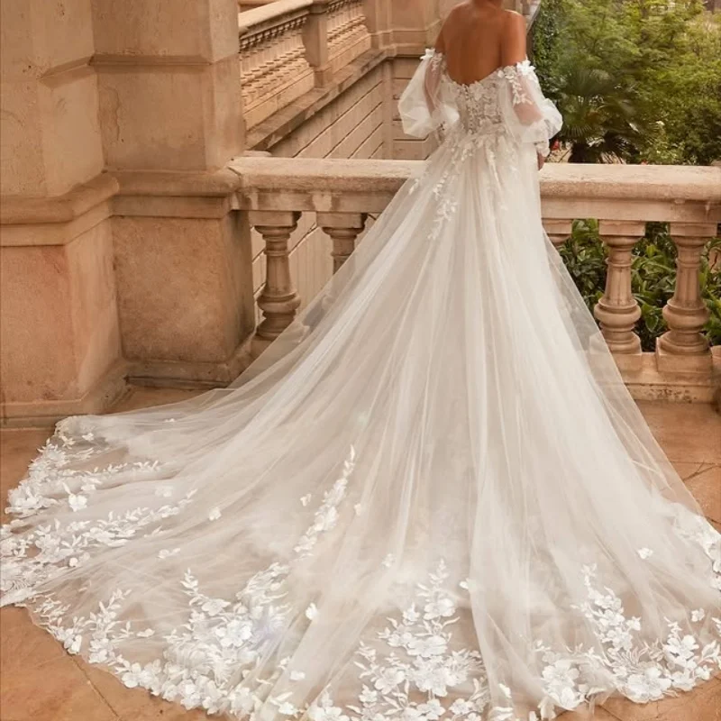 الدانتيل الأبيض العاجي يزين الدانتيل فساتين الزفاف من خارج الكتف ذيل السمكة ملصق قطار للانفصال زي العرائس صنع حسب الطلب #4