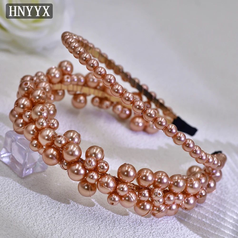 

HNYYX Champagne Color Pearls Crown Headwear Double Row Beaded headband vintage Style Pearl Head HoopsHair Accessories A07