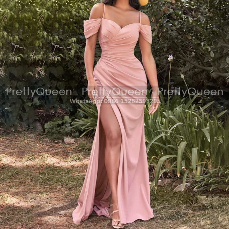 Abiti da damigella d'onore lunghi personalizzati con spacco alto Sirena senza spalline con spalle scoperte Tromba Abito da cerimonia nuziale in oro rosa