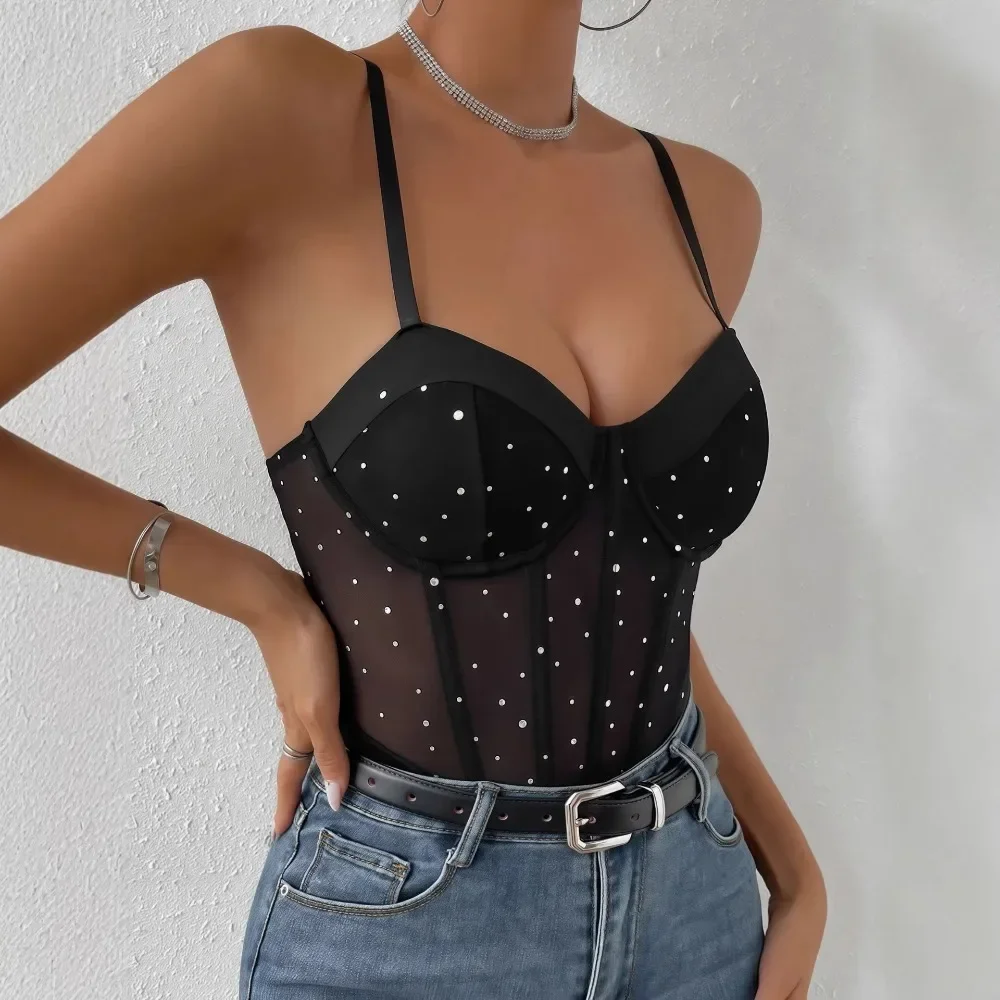 Women Sheer Mesh Bustier Cami Bodysuit Support Strap Bodycon Top Night Club Casual Streetwear Chic Ladies One Piece Top