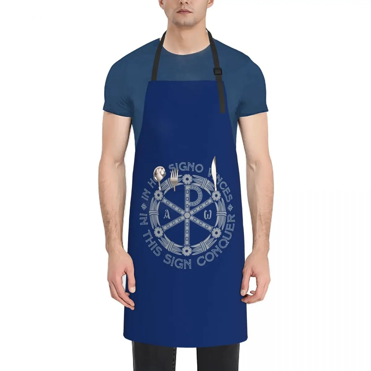 

In Hoc Signo Vinces In this Sign Conquer Chi Rho Grey on Blue Apron Kitchen Handle For Women home women Customizable Apron