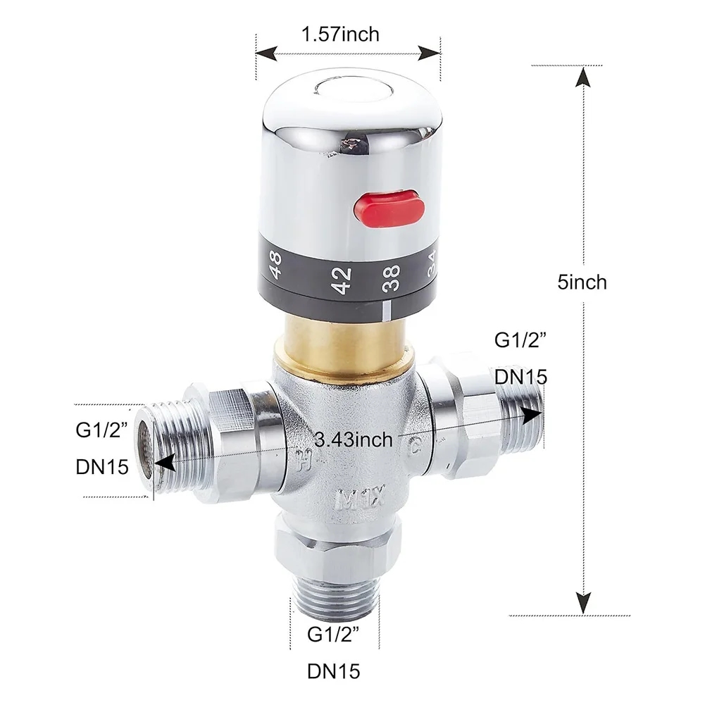 วาล์วผสมแบบเทอร์โมสแตติกพร้อมช่องน้ำเข้าร้อนและน้ำเย็น G1/2 สำหรับการควบคุมอุณหภูมิที่สม่ำเสมอ การควบคุมน้ำร้อนและน้ำเย็น