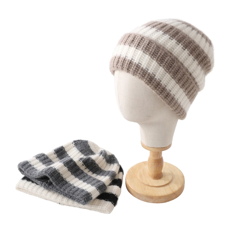 

Элитная вязаная шерстяная шапка из чистого кашемира в полоску, в японском стиле, теплая, повседневная, осенне-зимняя, для большой окружности головы, универсальная