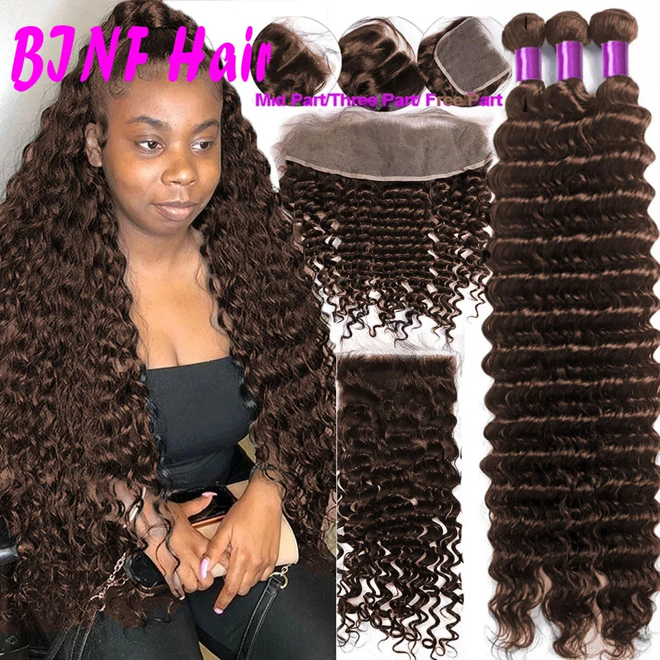 Dark Brown #4 Deep Wave Human Hair Weave 3/4 Bundles with HD Transparent Frontal And Closure Preplucked 100% Remy Hair