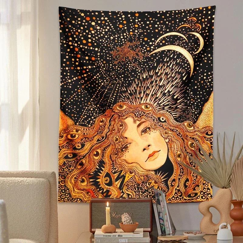 Psychedelic Girl Tapestry Wall Hanging Botanical Celestial Floral Tapestry Hippie Eye Wall Carpets Dorm Decor Starry Sky Carpet