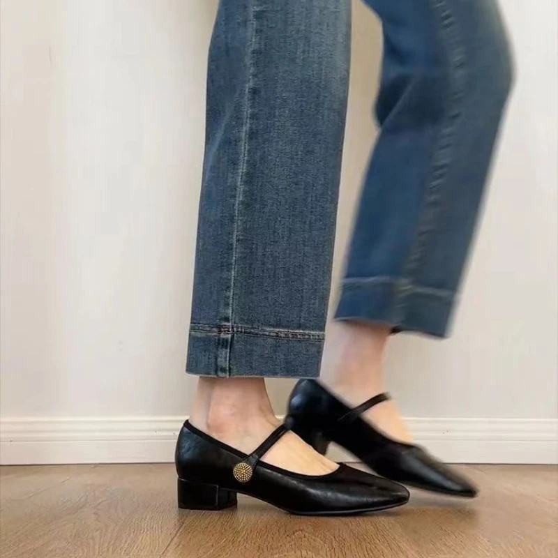 Women Vintage Mary Janes Soft Leather Shoes 2026 Spring French Square Toe Chunky Heel Loafers Dress Pumps