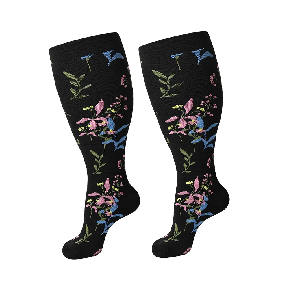 

Plus Size Compression Socks High Elastic Knee High Varicose Vein Socks Flower Pattern Breathable Calves Leg Stockings