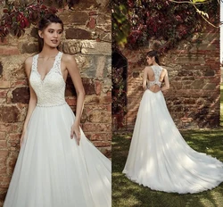 Vestido de novia de línea A con espalda descubierta, traje Sexy sin mangas con cuello Halter, apliques escalonados de tul, vestidos de novia de princesa