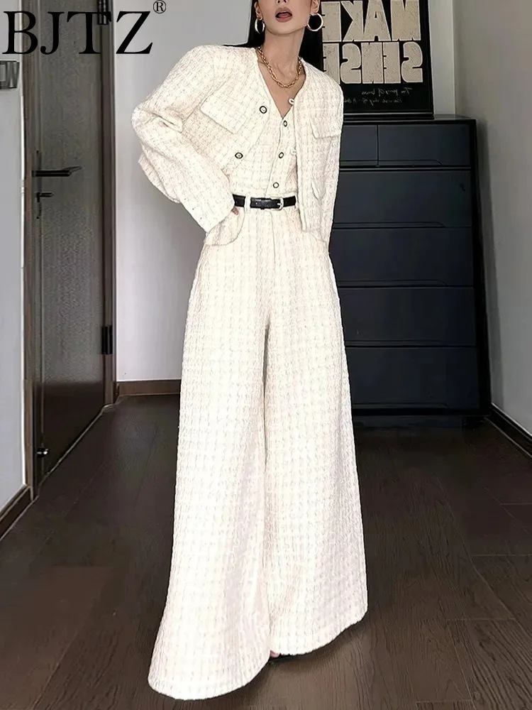 

BJTZ Casual Two Piece Set For Women Clothing Round Neck Coat V Neck Sleeveless High Waist Jumpsuit Chic Sets Female Fashion New