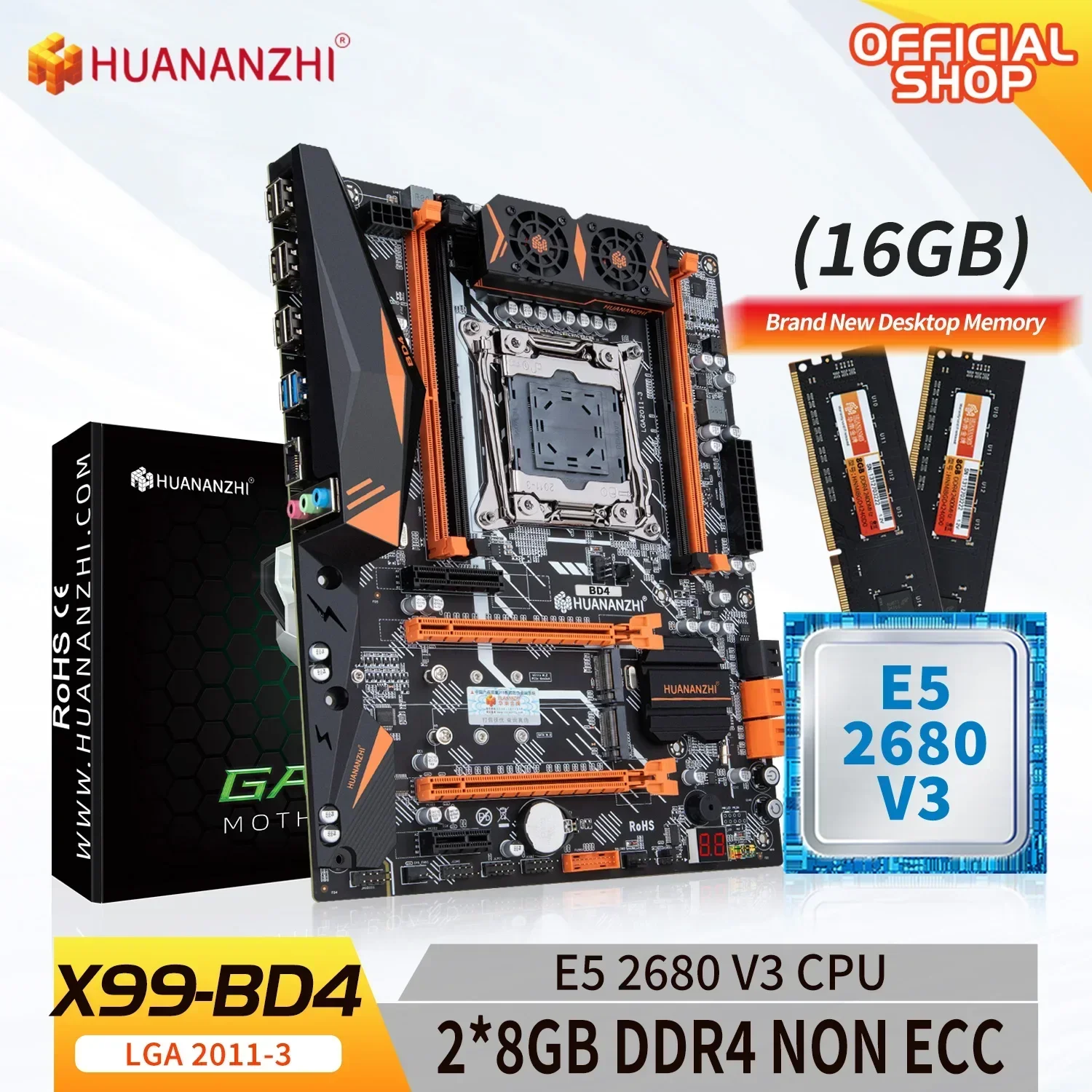 

HUANANZHI X99 BD4 LGA 2011-3 XEON X99 Motherboard with Intel E5 2680 v3 with 2*8G DDR4 NON-ECC memory combo kit set NVME NGFF RU