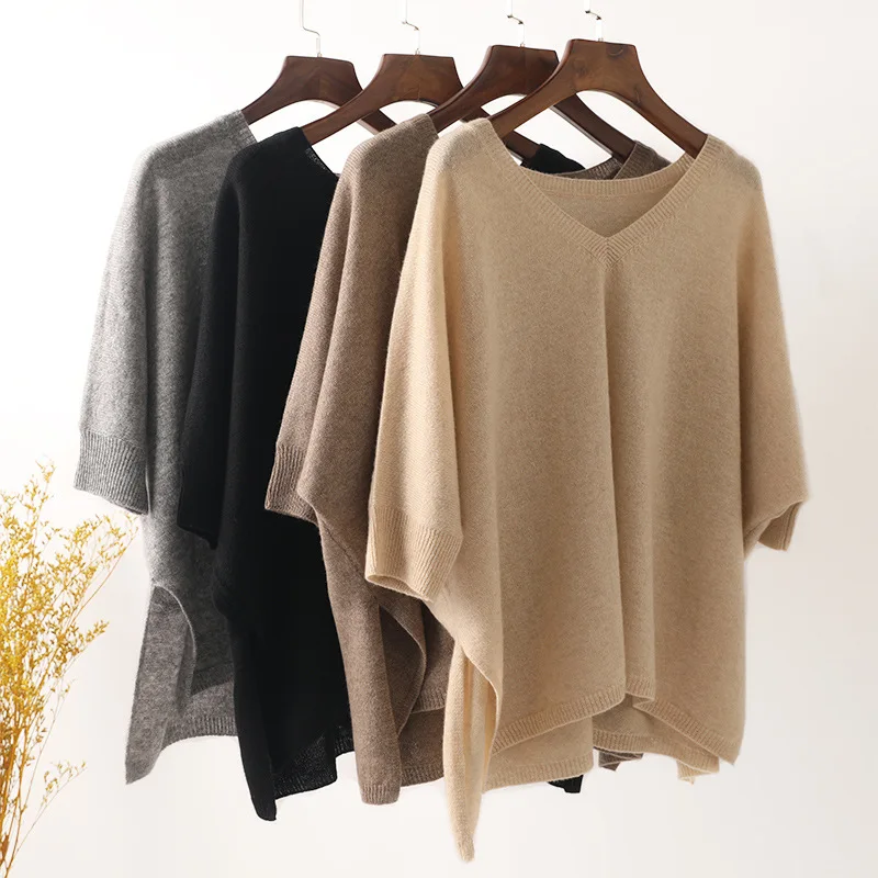 

2025 100% cashmere sweater women V neck batwing half sleeve loose fit pullover winter wear