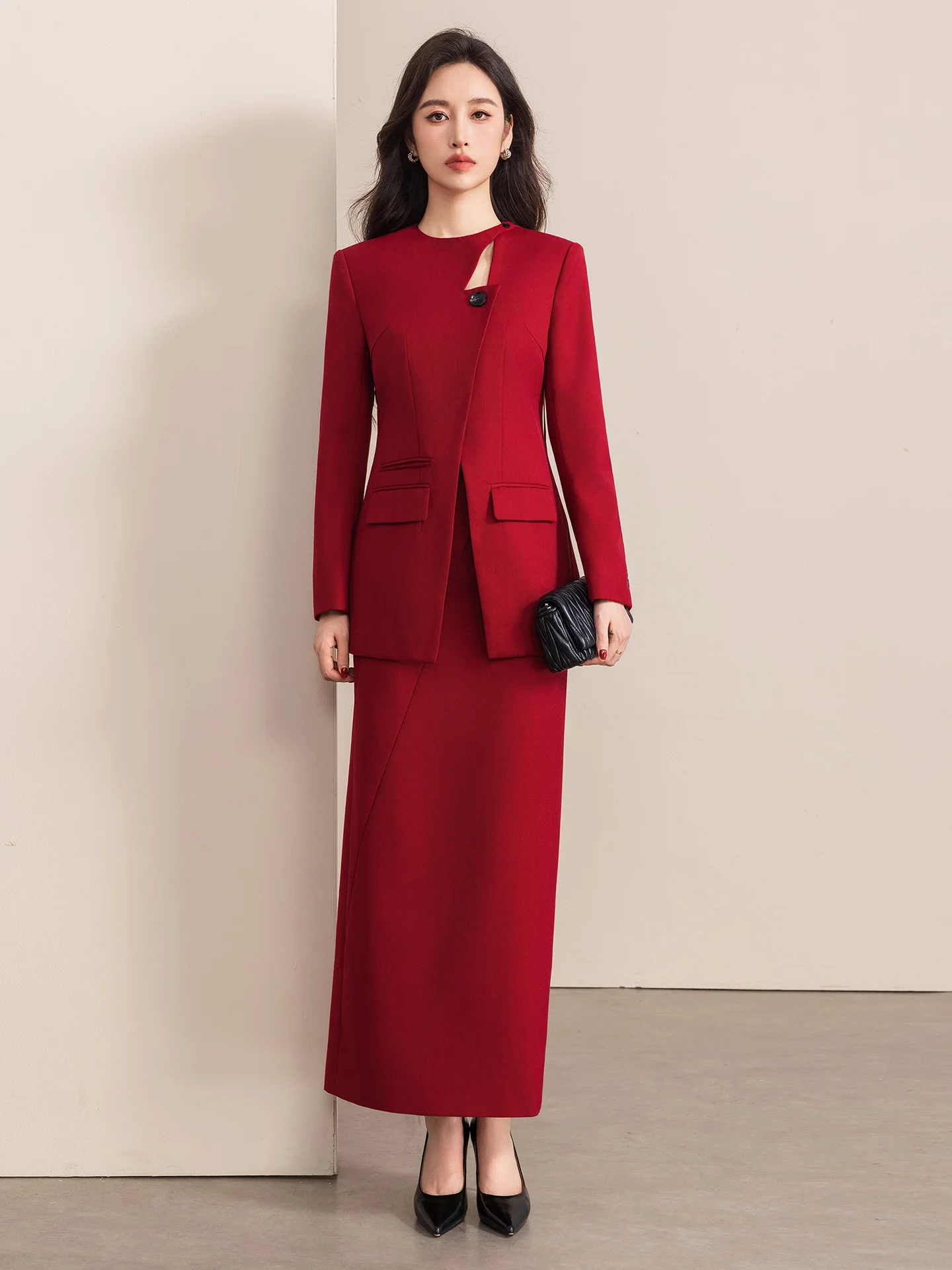 

Красный шерстяной костюм-двойка с юбкой для женщин: винтажный китайский дизайн, деловой формальный комплект, верхняя одежда с длинными рукавами, зимняя коллекция