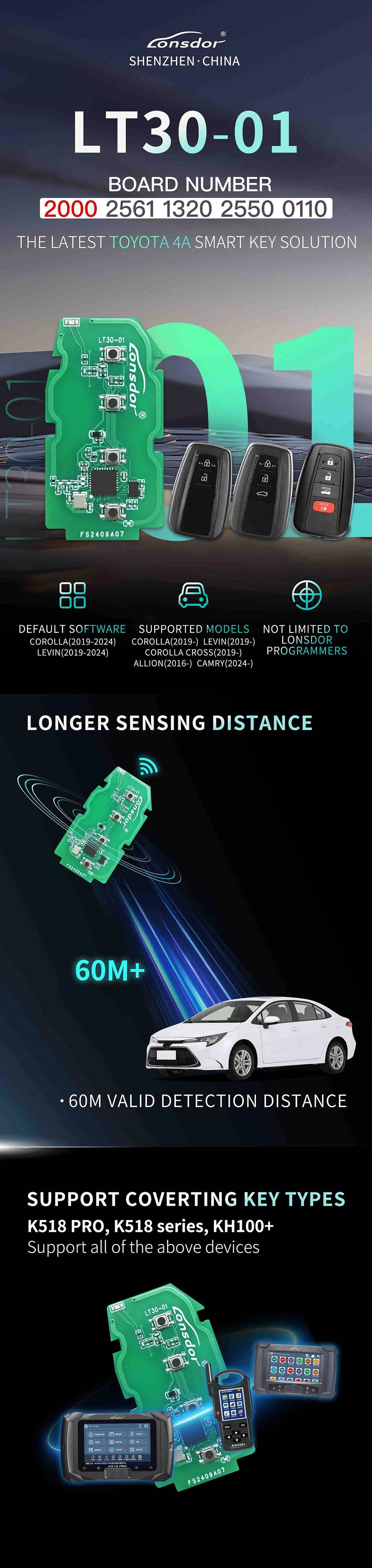 KEYECU Lonsdor LT30-01 Universal Smart Remote Key for Toyota 4A Type By K518 Pro KH100+ K518 Fob Board: 2000/2661/1320/2550/0110