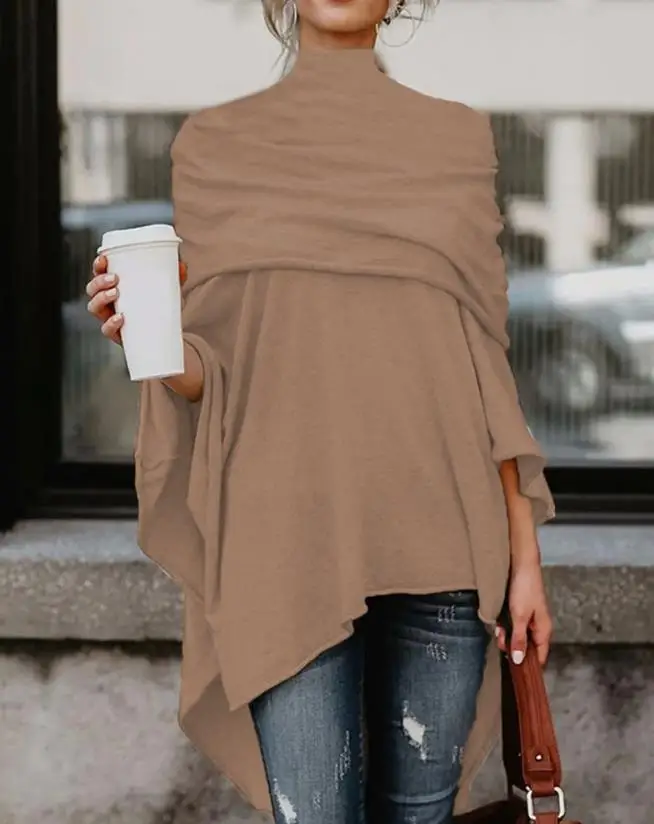 

Simple and Fashionable Autumn and Winter Clothing, High Neck Loose Shawl Asymmetrical Design, High and Low Hem Personalized Top