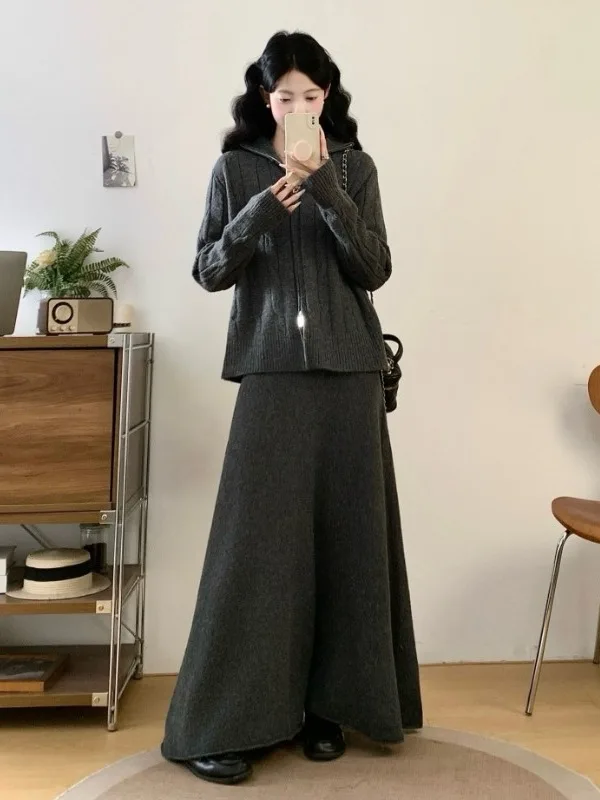 Großes Herbst-Winter-Set aus Strickpullover und Rock, zweiteiliges Ensemble, grob gestrickte Kleidung im koreanischen Stil für den Alltag.