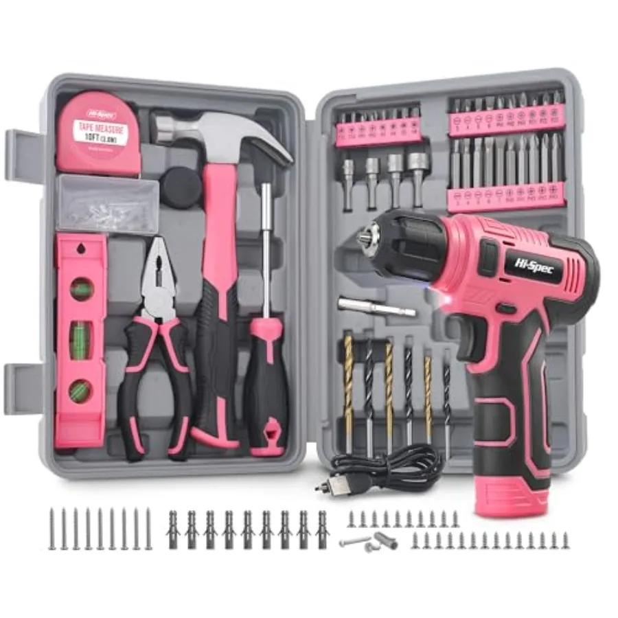 

8V USB Pink Power Drill Driver and Starters Home Tool Kit Set for Women. Ladies Cordless and Rechargeable Electric Dril