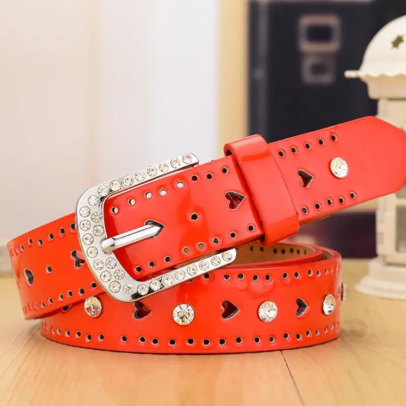 2.2CM X 105CM Women PU Leather Yellow Red White Belt Candy  Fashion Decorative Thin Korean Style Rhinestone Heart Accessories
