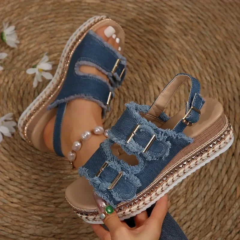 Women Wedge Sandals Summer Beach Slippers Double Buckle Non-slip Clogs Slides Women Flip Flop Platform Sandals Denim Female