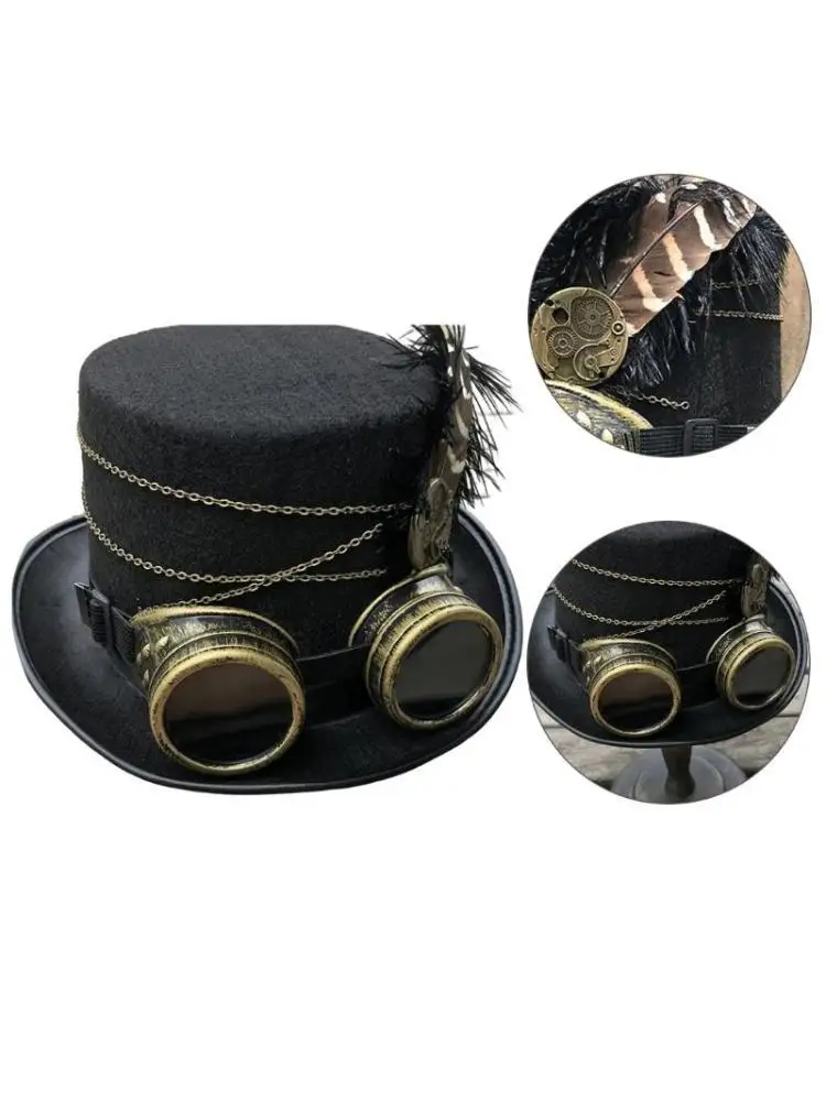 

652F Unisex Top Hat Steampunk Hat Flat Top Hat Gothic Universal Size Cosplay Party Hat Concert Dressing Novelty Costume