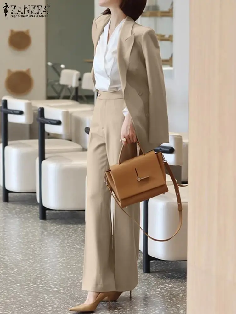 ZANZEA Stylish Pant Sets Women Commute Casual Blazer Elastic Waist Trousers 2pcs Outfits Elegant OL Wide Leg Suits