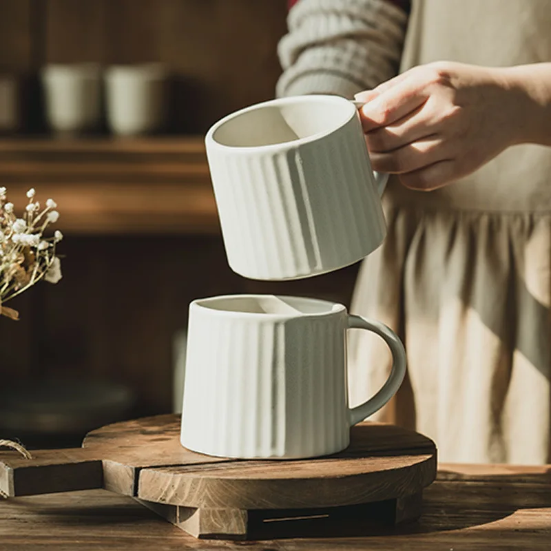 

Large Capacity Solid Color Striped Ceramic Mug Vintage Coffee Tea Cup for Home Breakfast