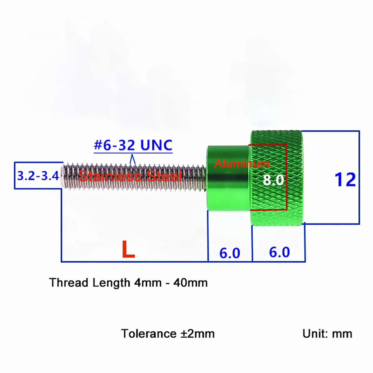 2Pcs UNC #6-32 Thread Knurled Head Hand Tighten Screw Stainless Steel Thread 4-40mm Aluminum High Step Thumb Screw 12x6mm