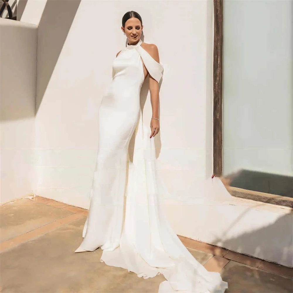 High-end Wedding Dress A-Line High Neck Sleeveless Slim Tail Wedding Dress Suitable for Wedding Birthday Holiday