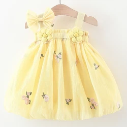 Summer Baby Girl Clothes 2024 Korean Cute Embroidery Flowers Mesh Sleeveless Bow Princess Party Kids Dress Toddler Dresses BC743