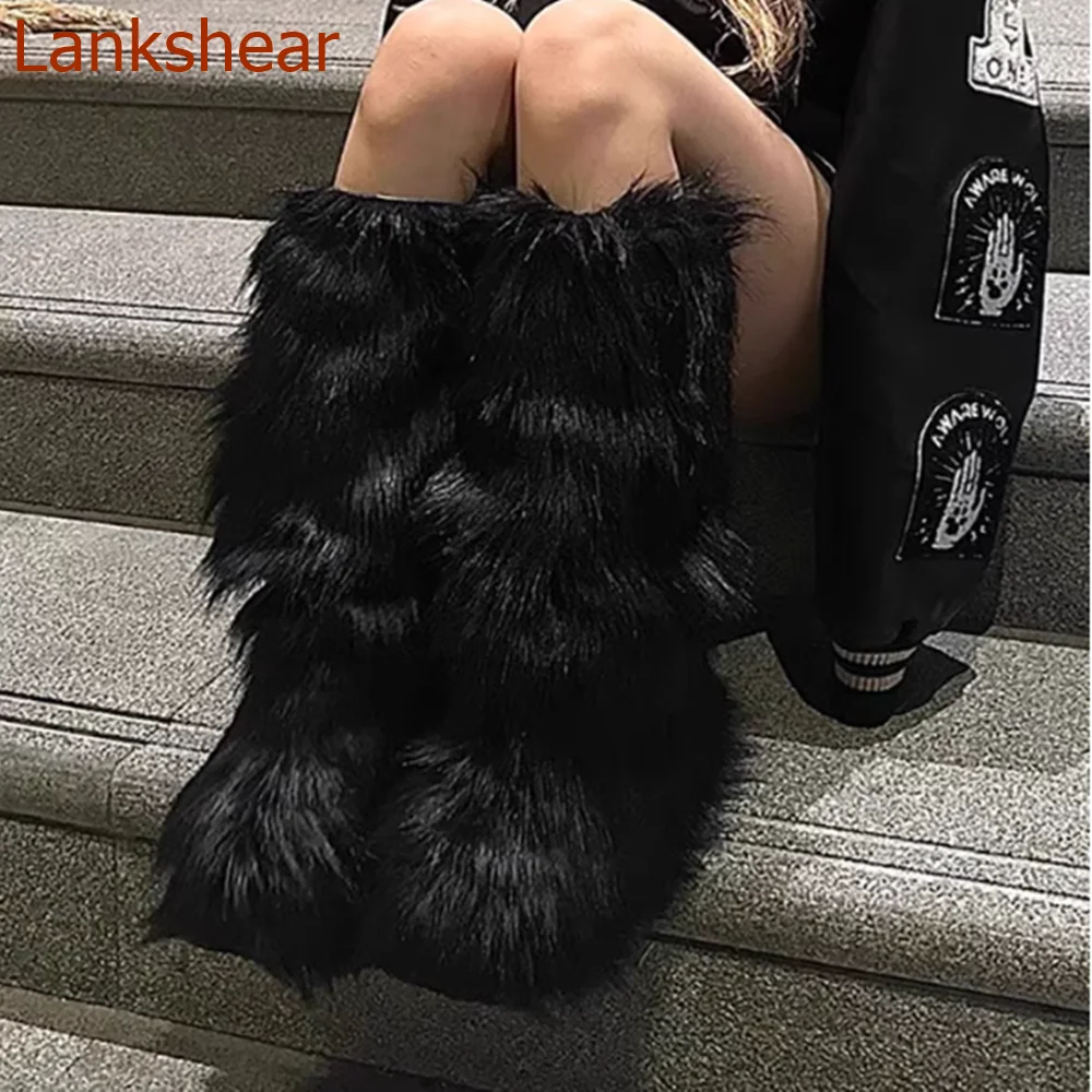 Round Toe Fur Women Boots Black Solid Fashion Knee High Party Flat Sole Slip On Casual  Thick Sole Women Shoes 2024 New Arrivals