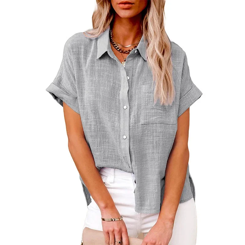 

Women Casual Solid Color Short Sleeve Linen Shirts Ladies Turn Down Collar Cotton Linen Blouse Retro Harajuku Tunic Summer Shirt