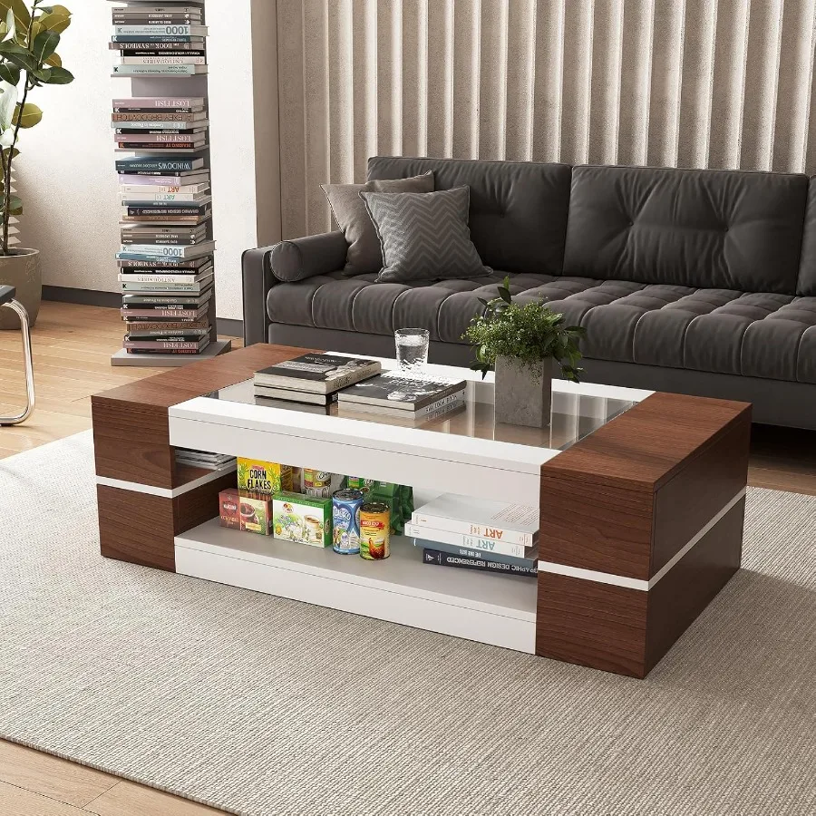 47.2 Modern Stylish Coffee Table with Glass Table Top Large Living Room Table Rectangular 2Tier Center Tables with Storage Wood