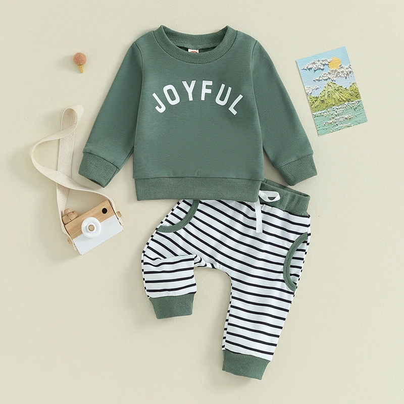 

2023-09-08 Lioraitiin 0-3Y Baby Boy Clothing Outfits Christmas Letter Long Sleeve Sweatshirt and Elastic Striped Pants Clothes