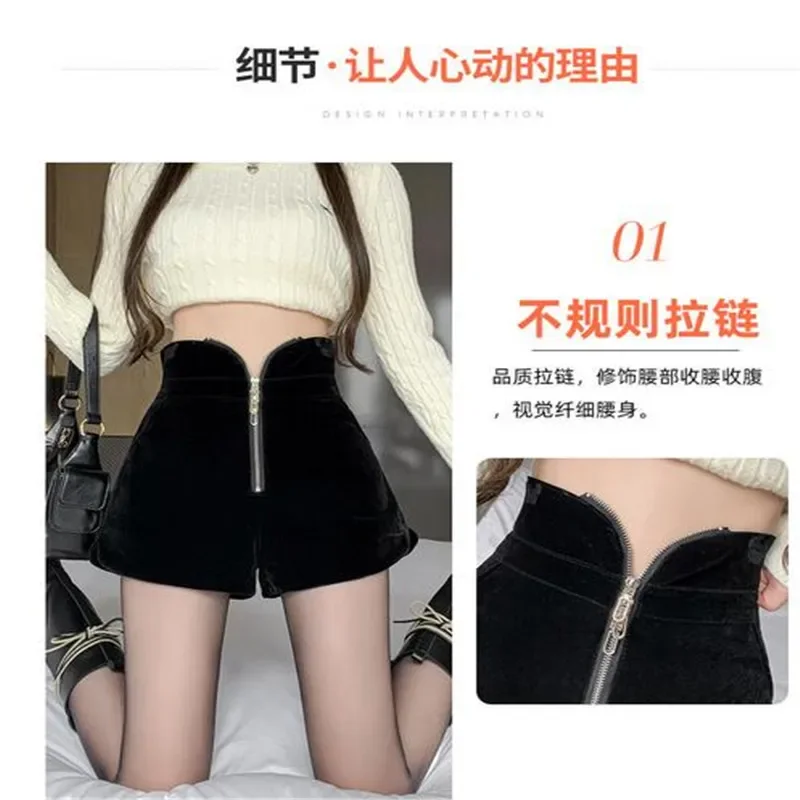 Black Vintage Golden Velvet Women's Shorts With Zipper Autumn Winter Casual HIgh Waist Irregular Velour Short Pants