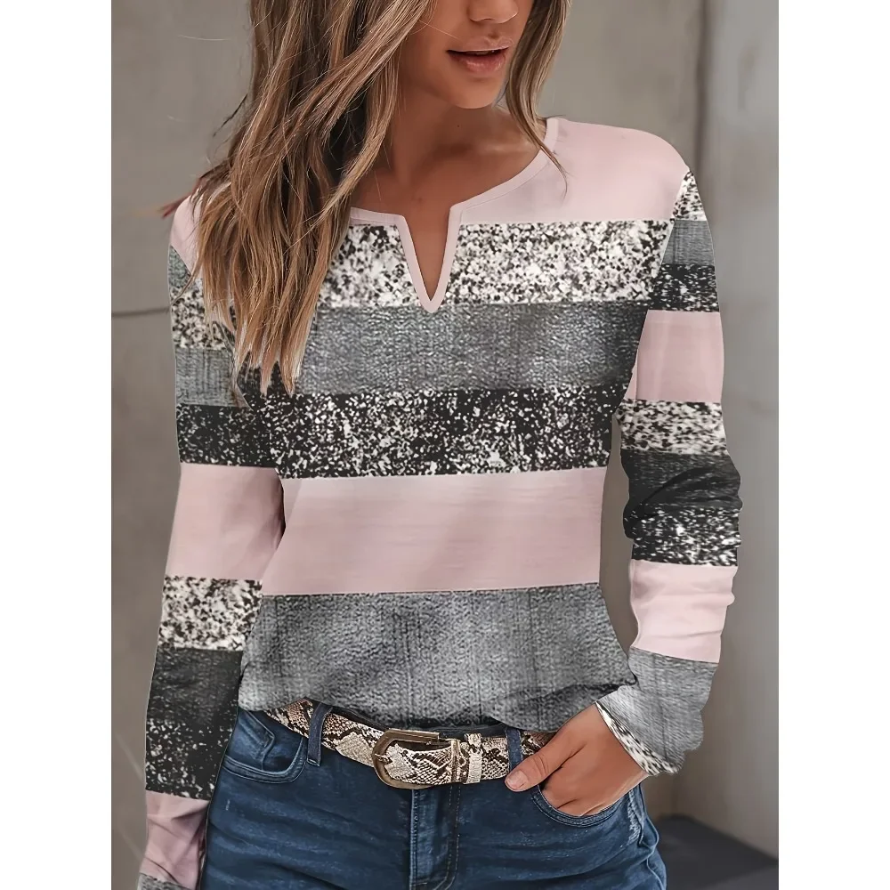 Nueva camiseta de manga larga a rayas con cuello en V para mujer de talla grande, camiseta de manga larga con estampado en forma de corazón y cuello en V a la moda