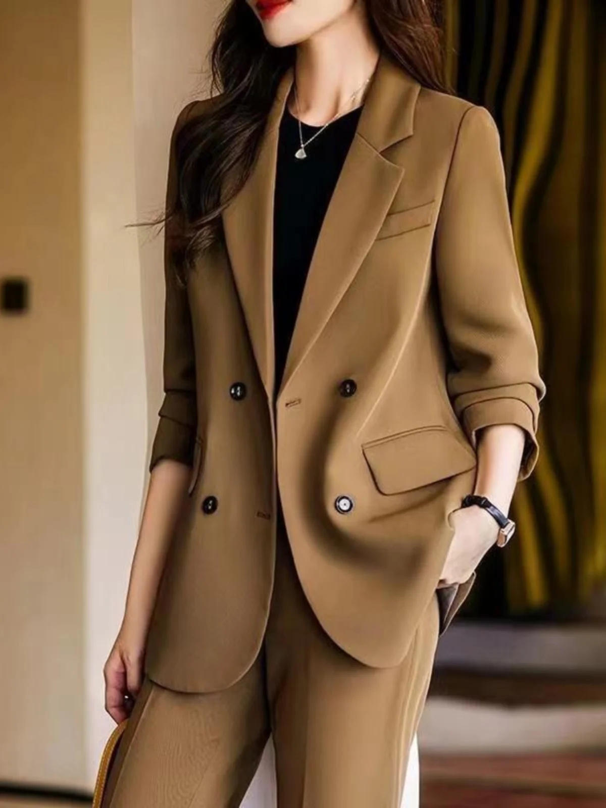 

Elegant Pink Suit Set for Women Professional High End Casual Style Spring Collection Quality Polyester Fabric Long Sleeve Nin...