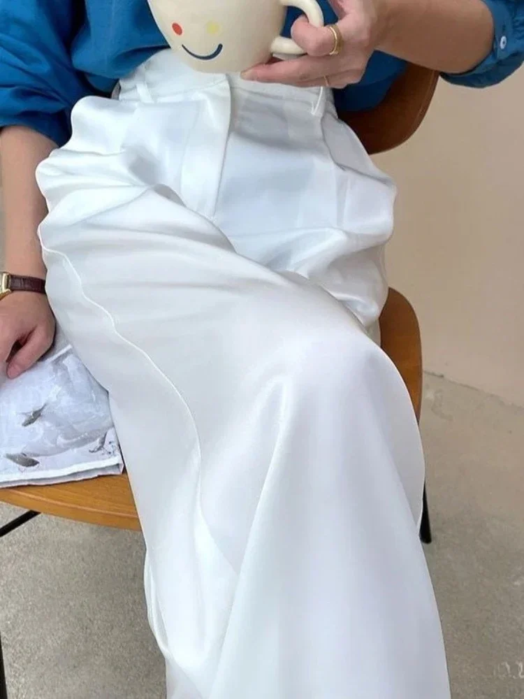 봄 새틴 와이드 레그 팬츠 여성용 하이웨이스트 수트 스트레이트 팬츠 풀 기장 솔리드 오피스룩 여성 패션 캐주얼 여성 바지