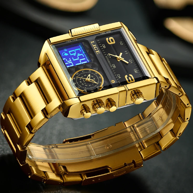 LIGE New Top Brand Luxury Fashion Men Watches Gold Steel Sports Square Digital Analog Big Quartz Watch for Man relogio masculino