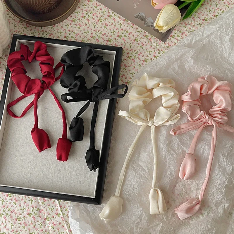 

Tulip ribbon intestinal ring, hair band, satin bow, high-end, simple and elegant, tassel hair tie, elastic hair tie