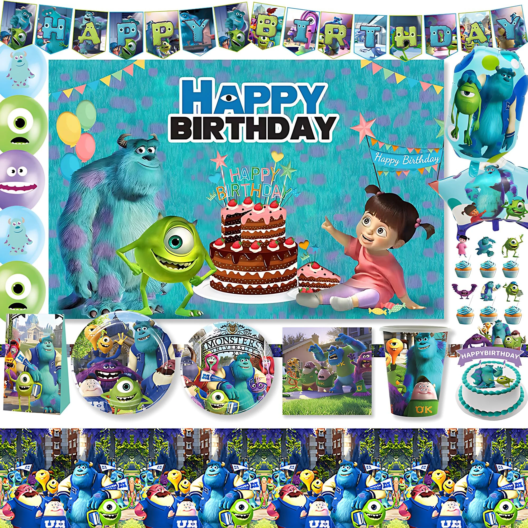 

Monsters University Theme Baby Birthday Party Disposable Tableware Flag Balloon Banner Background Decoration Supplies Kids Gifts