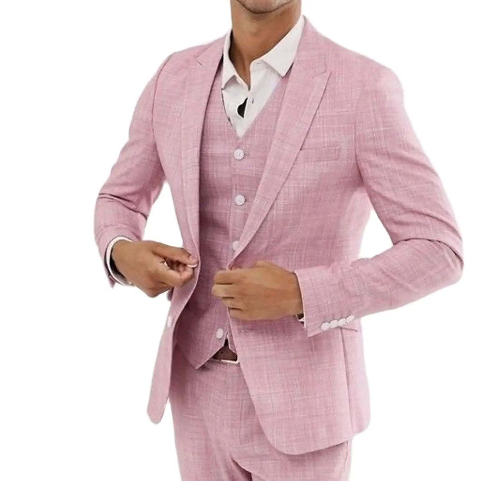 Pink Linen musim panas setelan pernikahan untuk pria Slim Fit mode pengantin laki-laki tuksedo kustom 3-Piece jaket + celana + rompi Terno Masculino