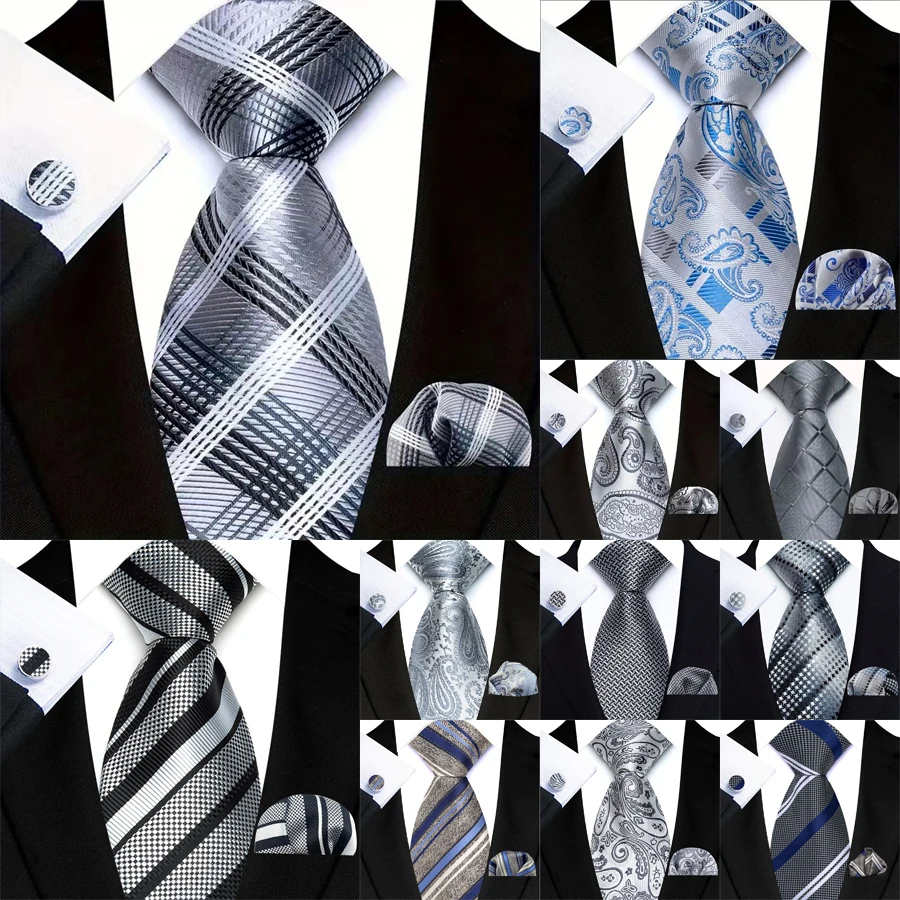

Luxury Silver Gray Men‘’s Tie Handkerchief Cufflinks Set Jacquard Solid Paisley Floral Stripes Necktie For Male Wedding Business