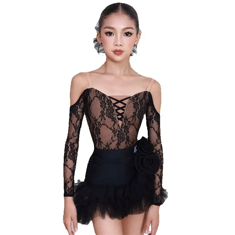 Kinder Samba Chacha Latein-Tanzkleider Mädchen Spitzenärmel Latein-Tanzkostüme Kinder Performance-Tanzkleidung SL14913