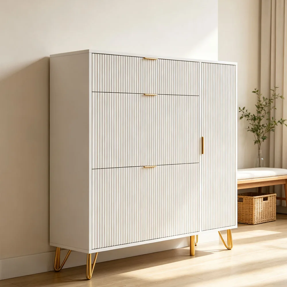 Comanlai Armoire à chaussures blanche, armoire à chaussures étroite avec 3 tiroirs pliants et 1 porte, étagère à chaussures avec protection contre l'inclinaison, commode à chaussures pour couloir, entrée