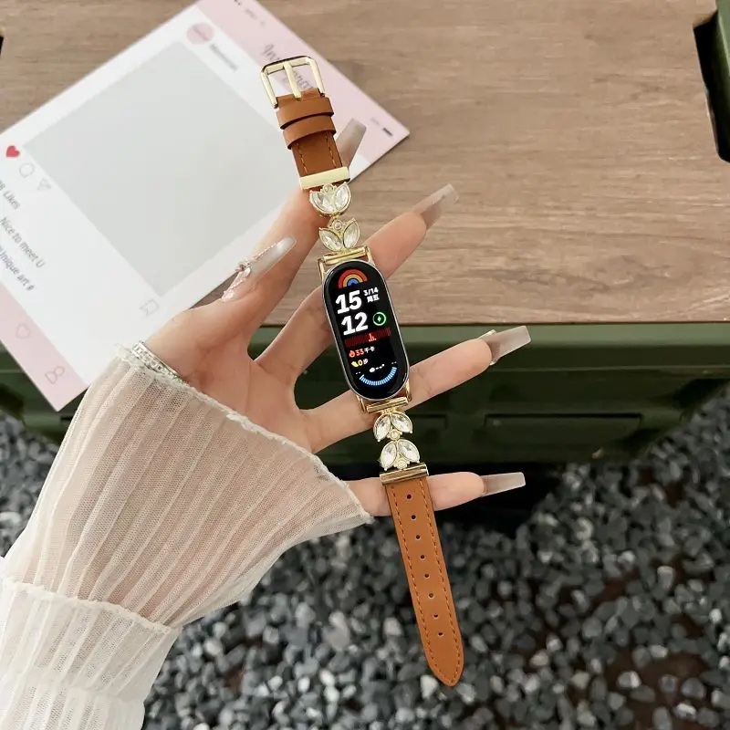 

Slim Leather Bands For Mi Band 9 8 Strap Diamond Dressy Bracelet for Xiaomi Smart Band 8 9 Pro Wristband Redmi Watch 4 5 Correa