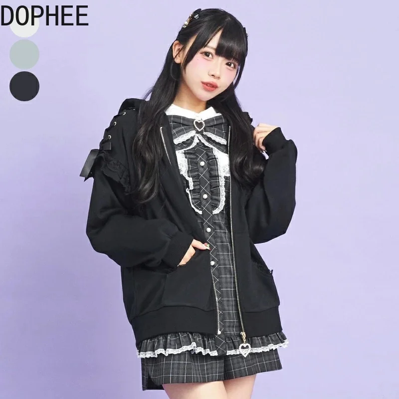 

Japanese Autumn Winter Terry Sweatshirt Women Solid Color Hooded Zip Cardigans Coat Elegant Lace Ruffles Lolita Sweet Hoodie Top