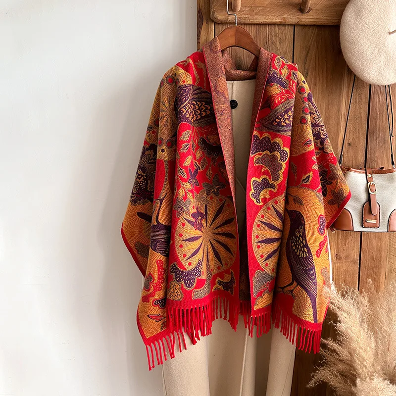 

Elegant Ethnic-style Autumn and Winter Bird and Plant Print Imitation Cashmere Warm Scarf Shawl for Women