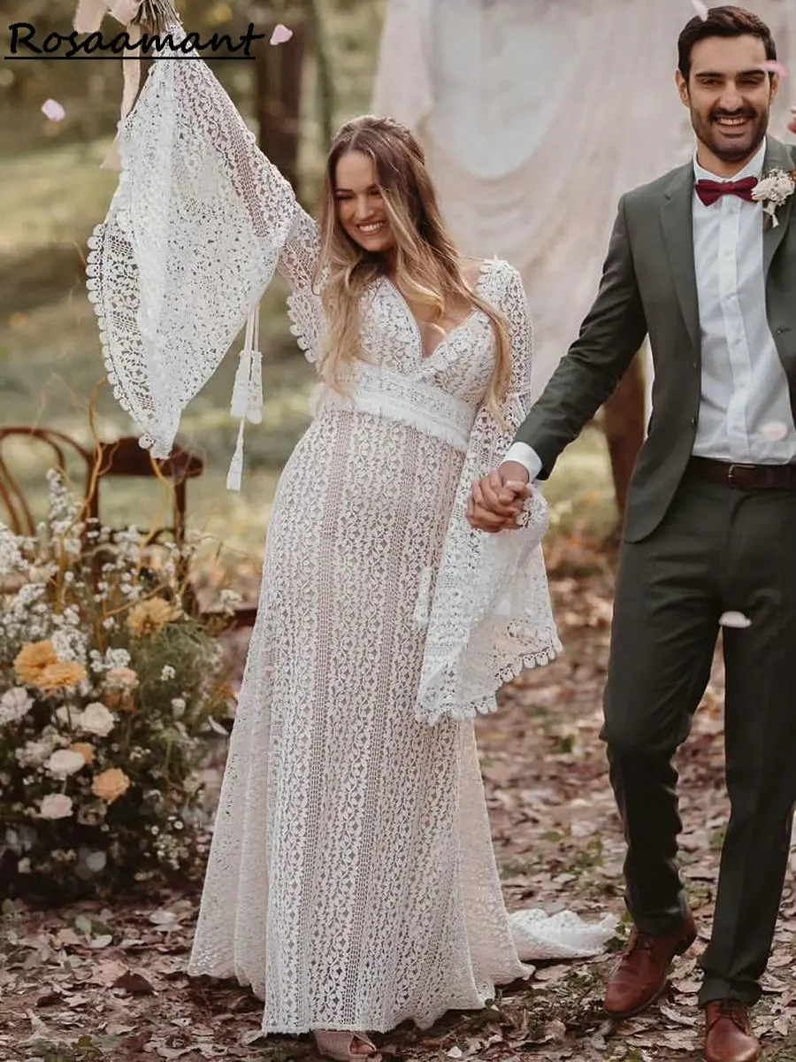 Bohemian V-Neck Full Lace Backless A-Line Wedding Dresses Long Flare Sleeve Appliques Tassel Bridal Gowns Robe De Mariée